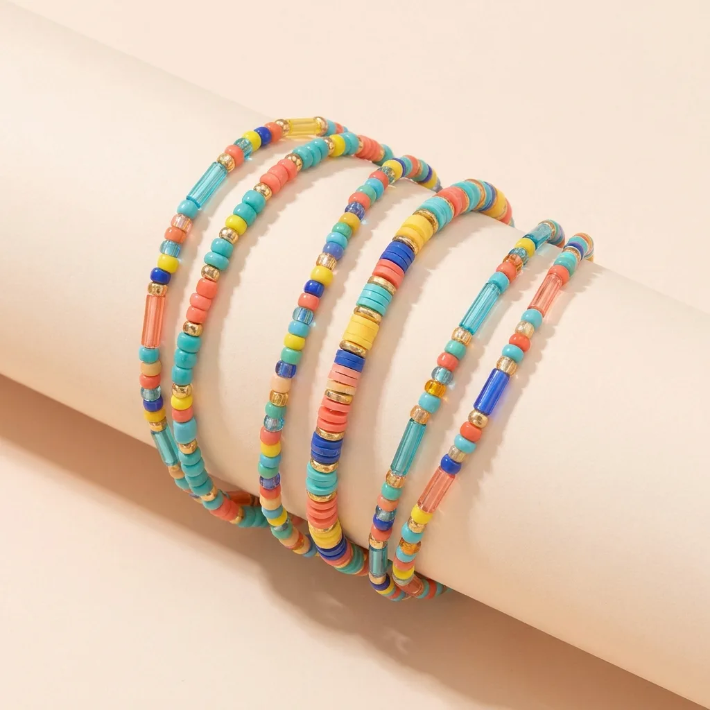 Colorful Beaded Stretch Anklet Set (3 Pieces)