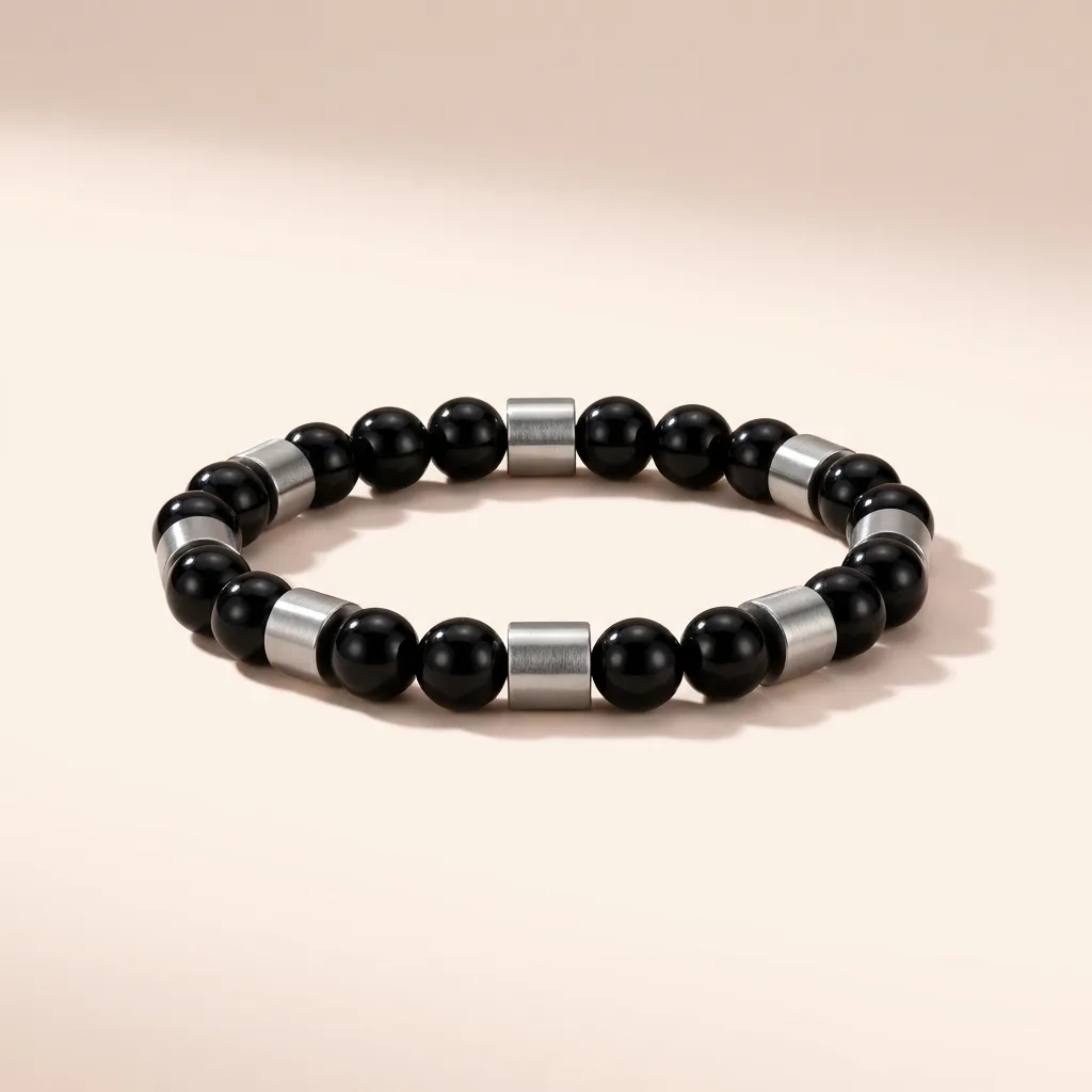 Men's Onyx Stone Bracelet, Steel Detail